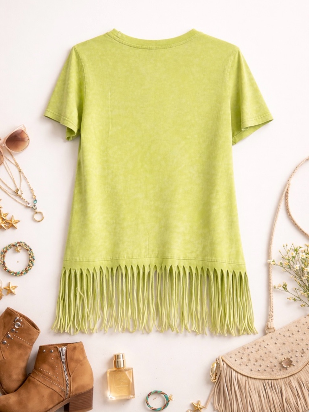 BiBi Neon Lime Fringe Tee Coachella Festival Western Boho Vibes New Size M - Picture 2 of 6